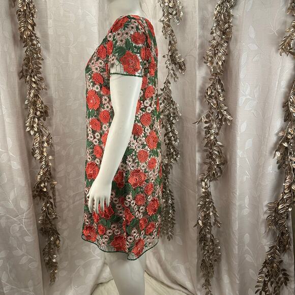 Tahari Floral Embroidered Lace Dress Pink Green Red 14 Elegant Cocktail - Picture 3 of 12